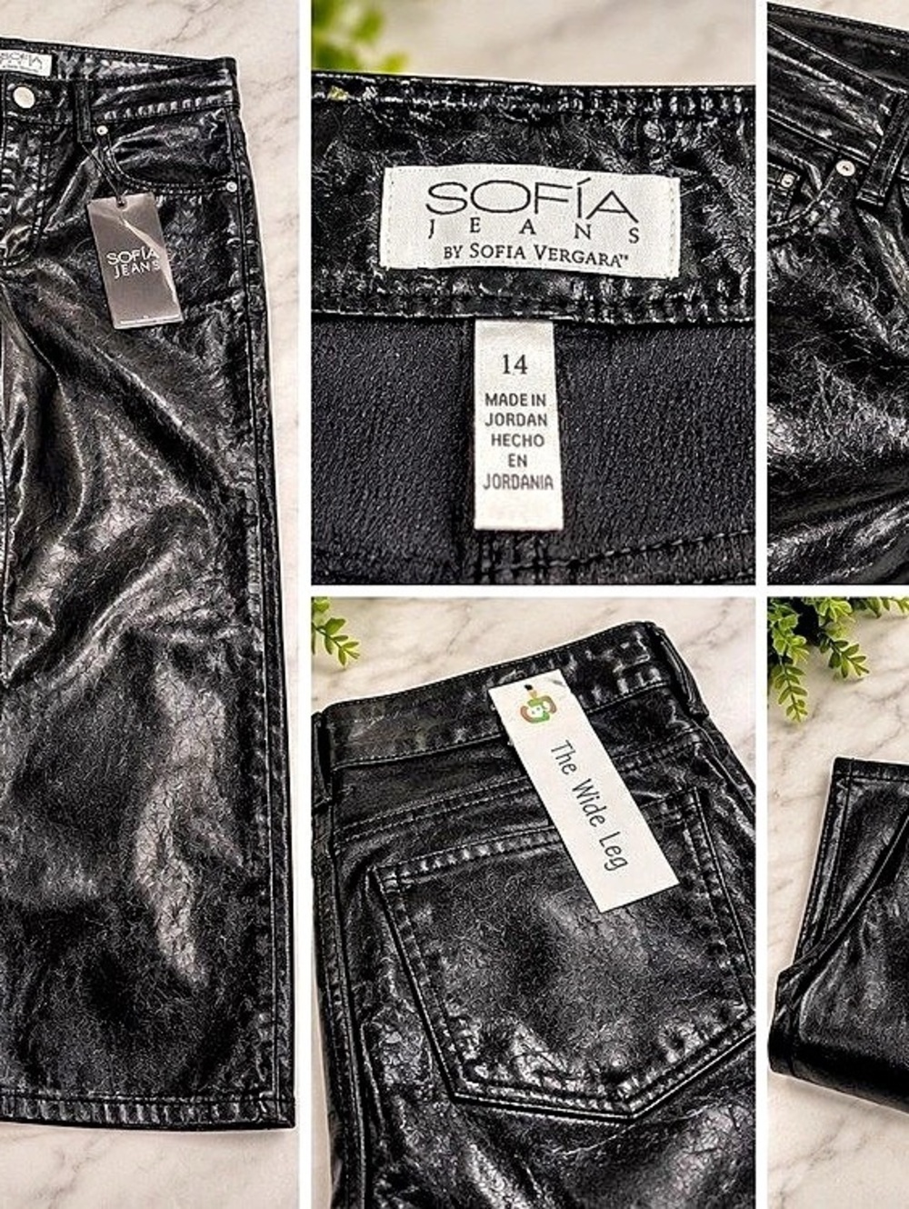 Sofia Jeans by Sofia Vergara The Wide Leg Faux Leather Pants Black Size 14